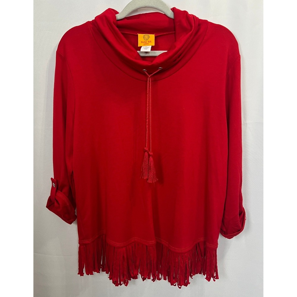 Ruby Rd Petite Red Fringe Cowl Neck Top PL 3/4 sleeve Western Boho Chic Holiday